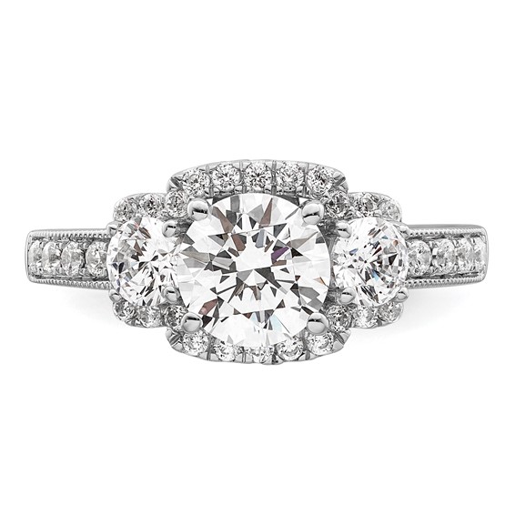 14K White 3-Stone Plus (Holds 1 carat (6.5mm) Round Center) Halo Semi-Mount Diamond Engagement Ring