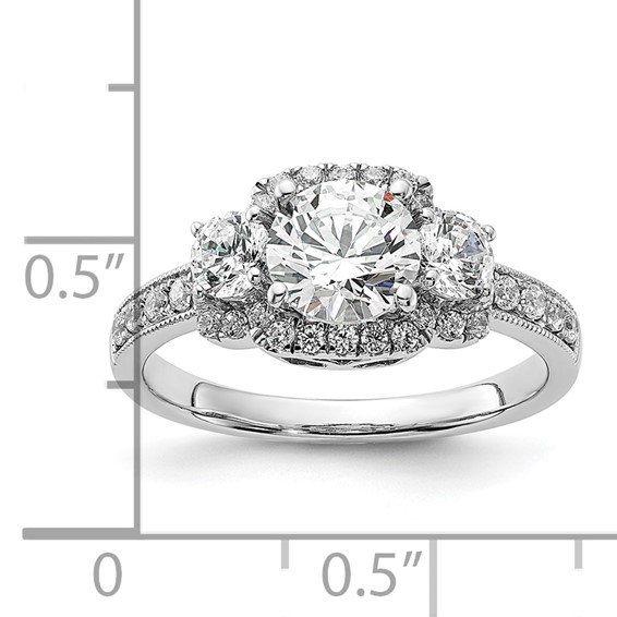 14K White 3-Stone Plus (Holds 1 carat (6.5mm) Round Center) Halo Semi-Mount Diamond Engagement Ring