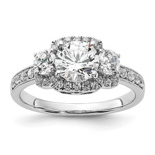 14K White 3-Stone Plus (Holds 1 carat (6.5mm) Round Center) Halo Semi-Mount Diamond Engagement Ring