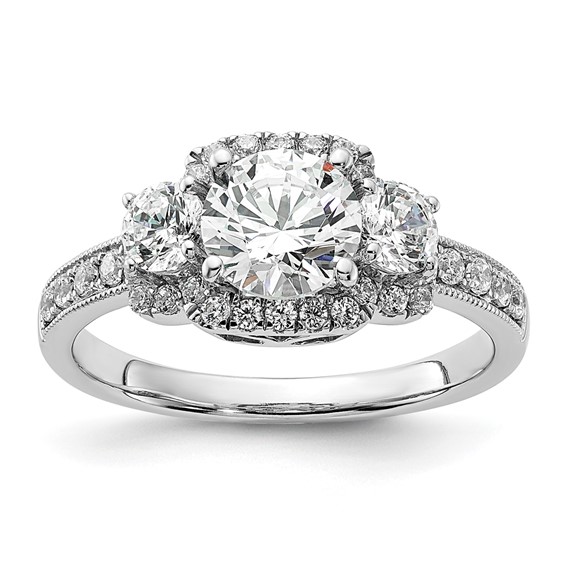 14K White 3-Stone Plus (Holds 1 carat (6.5mm) Round Center) Halo Semi-Mount Diamond Engagement Ring