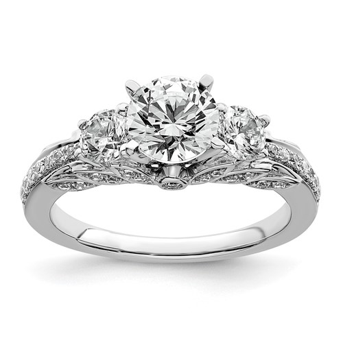 14K White Gold 0.75 Carat Lab Grown Diamond VS+ F+ Round Semi Mount Three Stone Engagement Ring