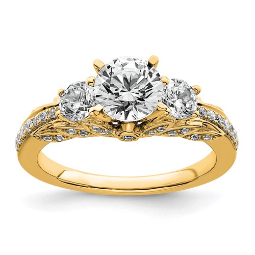 14K Yellow Gold 0.75 Carat Lab Grown Diamond VS+ F+ Round Semi Mount Three Stone Engagement Ring