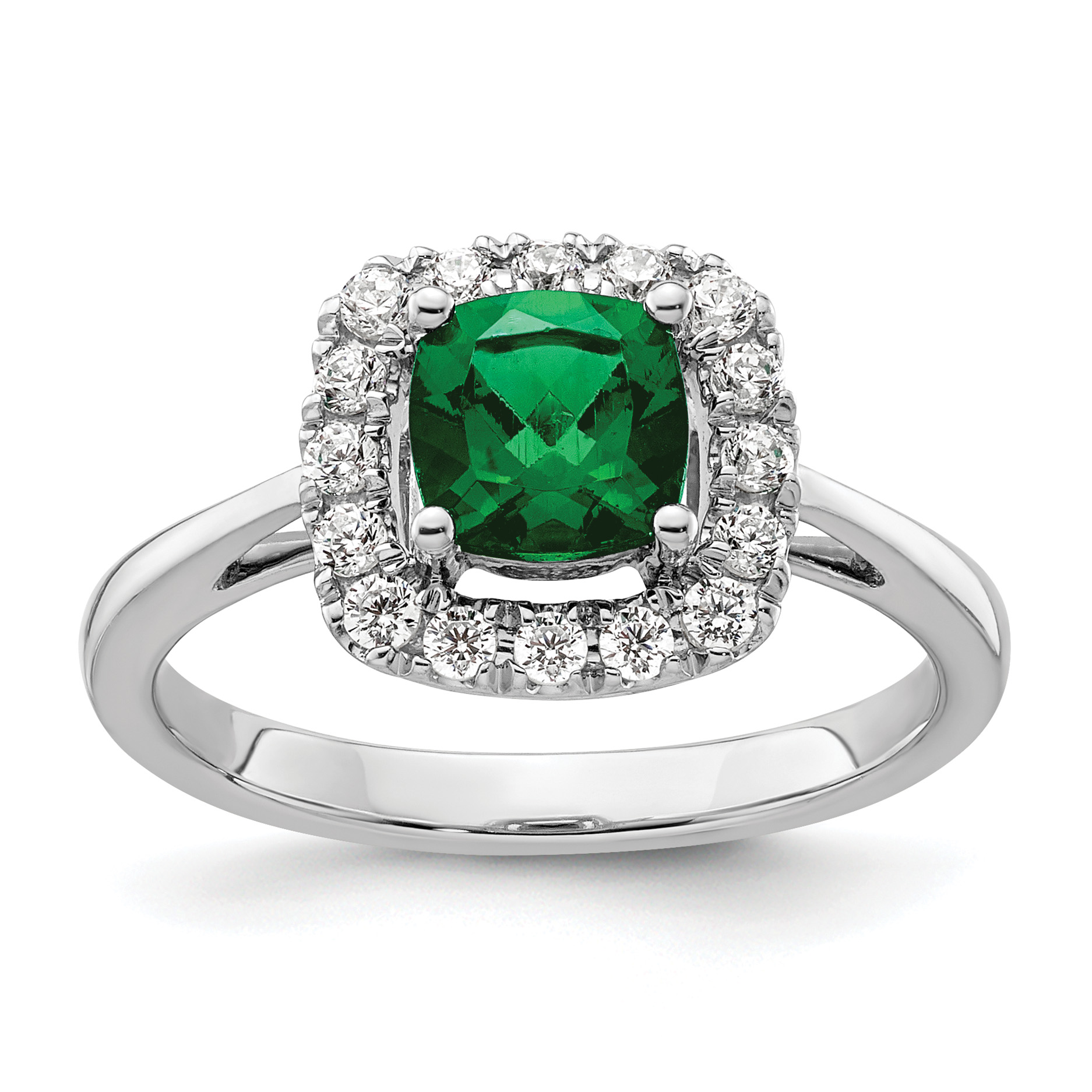 14k White Gold 1/4 carat Lab Grown Diamond VS/SI+ G+ May Birthstone Lab Created Emerald Halo Ring (RM9037-CEM-028-WLG)