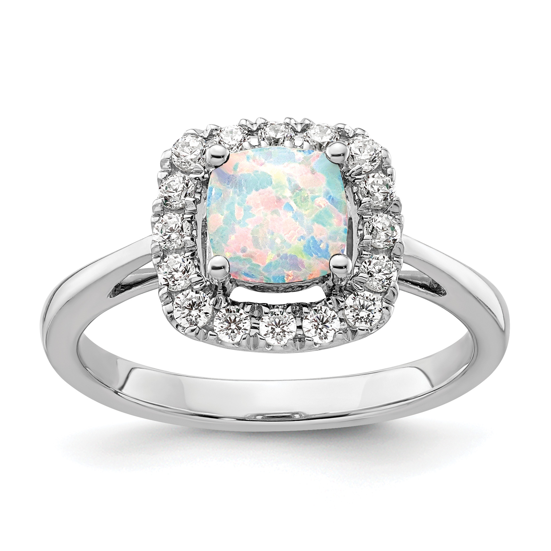 14k White Gold 1/4 carat Lab Grown Diamond VS/SI+ G+ October Birthstone Lab Created Opal Halo Ring (RM9037-COP-028-WLG)