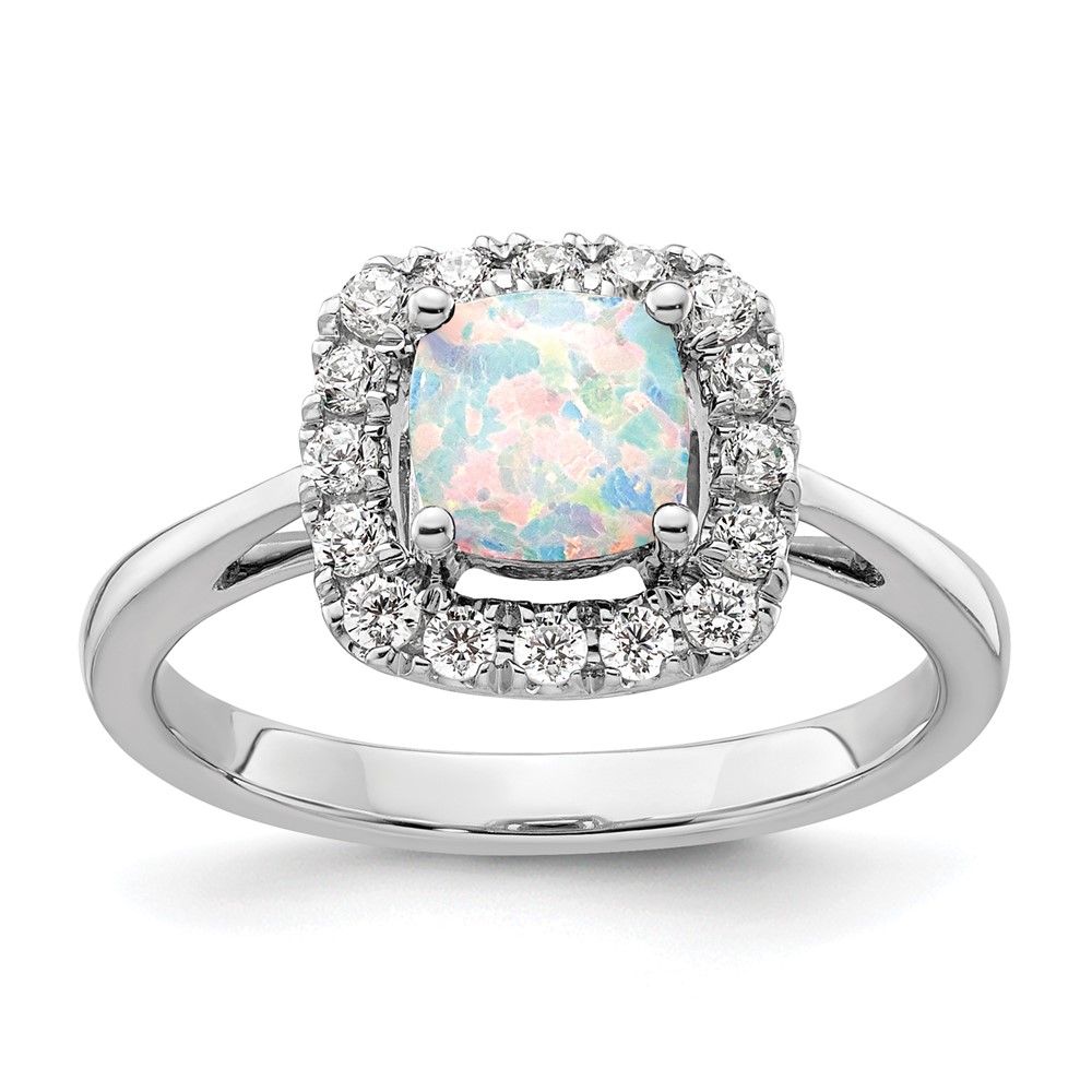 14k White Gold 1/4 carat Lab Grown Diamond VS/SI+ G+ October Birthstone Lab Created Opal Halo Ring (RM9037-COP-028-WLG)