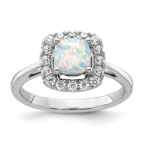 14K White Gold 0.25 Carat Lab Grown Diamond VS SI+ G+ October Birthstone Lab Created Opal Halo Ring
