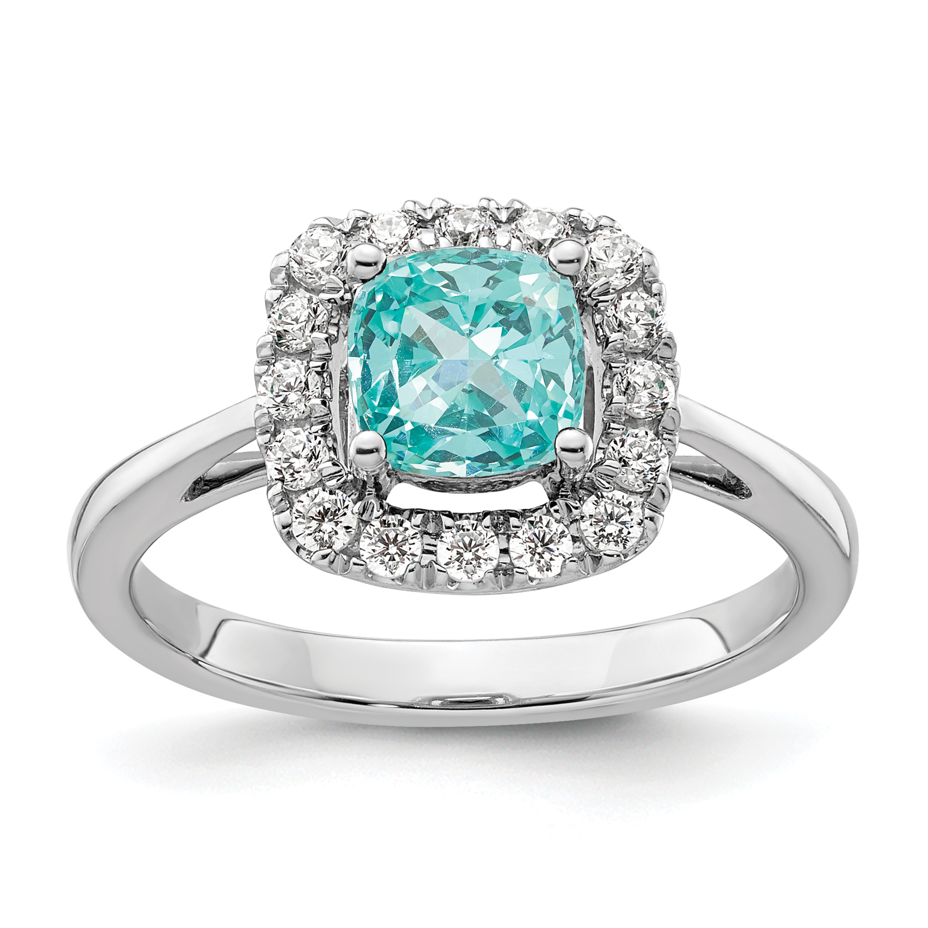 Pure Serenity 14k White Gold 1/4 carat Lab Grown Diamond VS/SI+ G+ and Halo Lab Created Paraiba Ring (RM9037-CP-028-WLG)