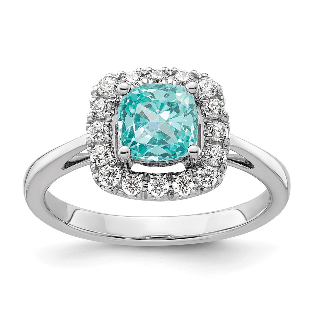 Pure Serenity 14k White Gold 1/4 carat Lab Grown Diamond VS/SI+ G+ and Halo Lab Created Paraiba Ring (RM9037-CP-028-WLG)
