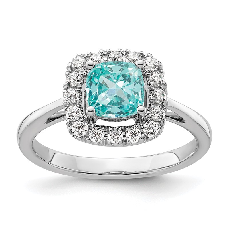 Pure Serenity 14k White Gold 1/4 carat Lab Grown Diamond VS/SI+ G+ and Halo Lab Created Paraiba Ring
