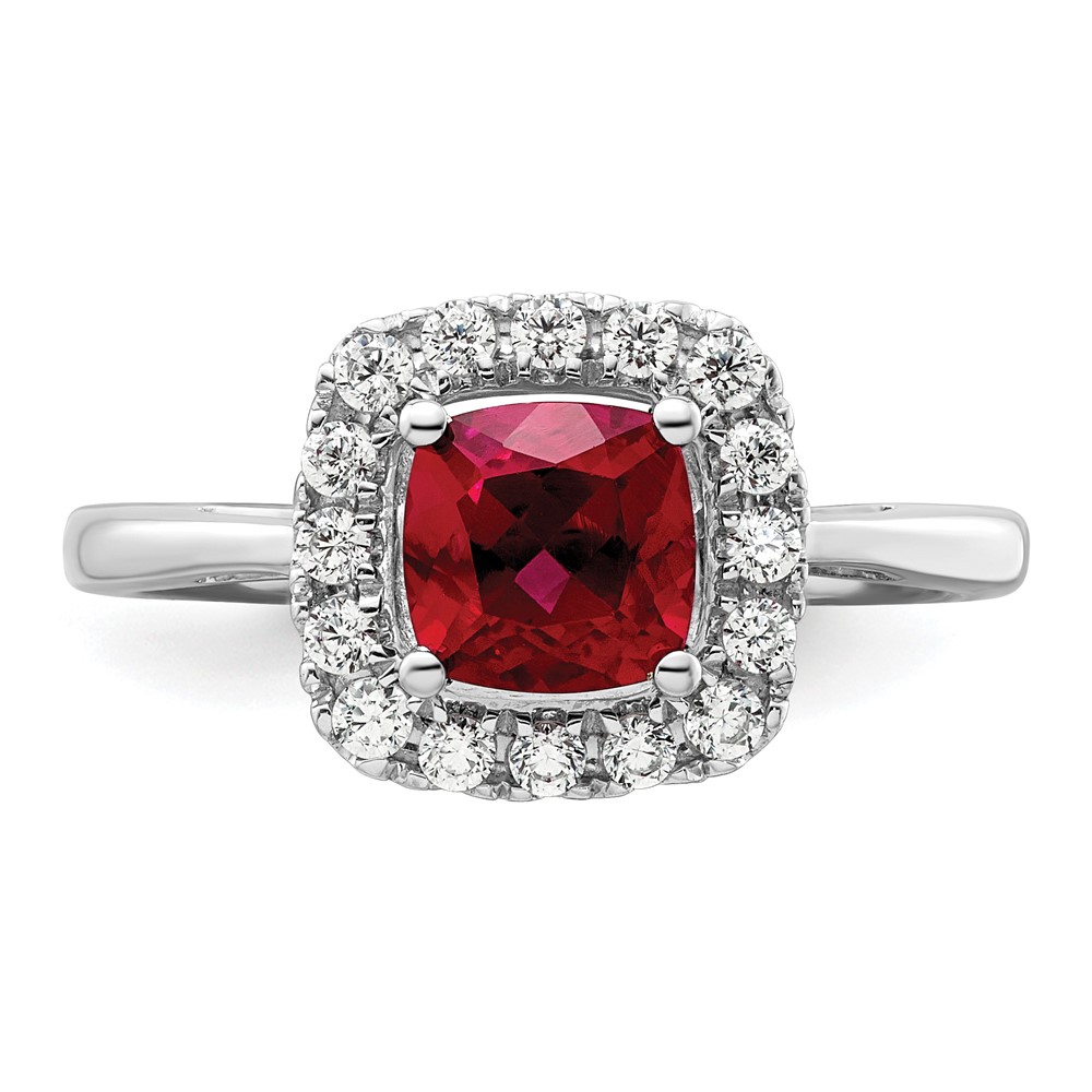 14k White Gold 1/4 carat Lab Grown Diamond VS/SI+ G+ July Birthstone Lab Created Ruby Halo Ring (RM9037-CRU-028-WLG)