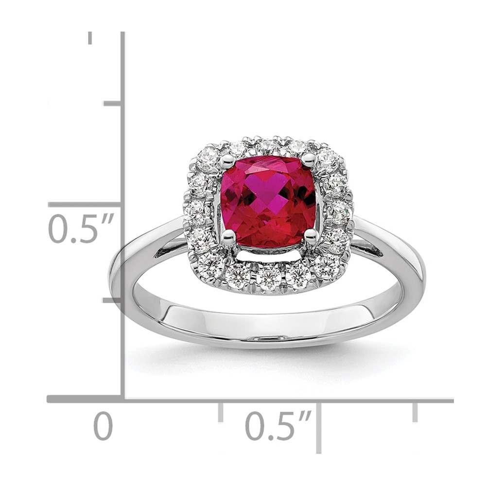 14k White Gold 1/4 carat Lab Grown Diamond VS/SI+ G+ July Birthstone Lab Created Ruby Halo Ring (RM9037-CRU-028-WLG)