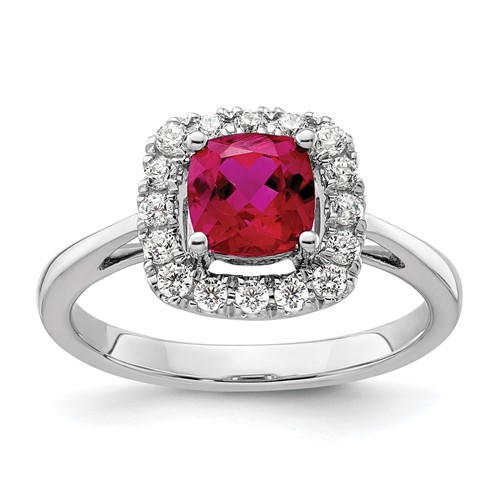14K White Gold 0.25 Carat Lab Grown Diamond VS SI+ G+ July Birthstone Lab Created Ruby Halo Ring