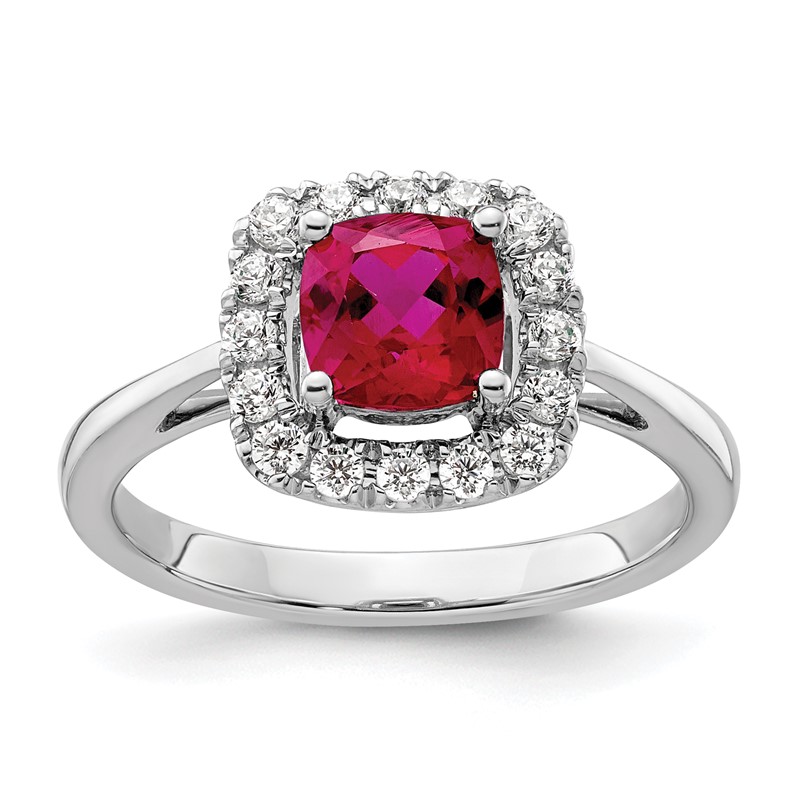 14k White Gold 1/4 carat Lab Grown Diamond VS/SI+ G+ July Birthstone Lab Created Ruby Halo Ring