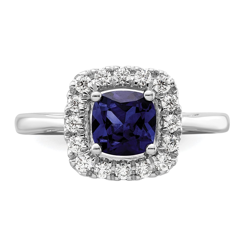 14k White Gold 1/4 carat Lab Grown Diamond VS/SI+ G+ September Birthstone Lab Created Blue Sapphire Halo Ring (RM9037-CSA-028-WLG)