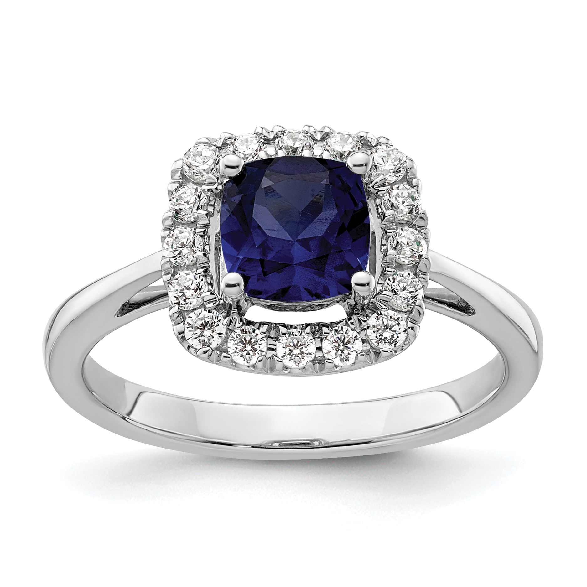 14k White Gold 1/4 carat Lab Grown Diamond VS/SI+ G+ September Birthstone Lab Created Blue Sapphire Halo Ring (RM9037-CSA-028-WLG)