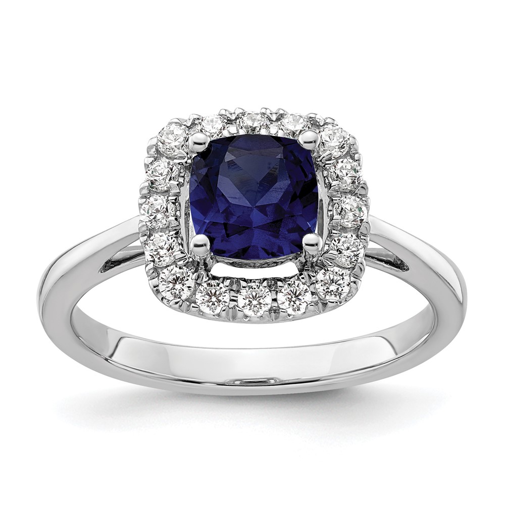 14k White Gold 1/4 carat Lab Grown Diamond VS/SI+ G+ September Birthstone Lab Created Blue Sapphire Halo Ring (RM9037-CSA-028-WLG)