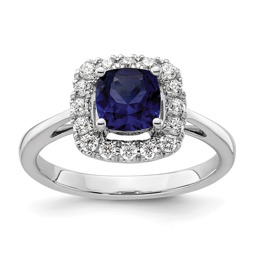 14K White Gold 0.25 Carat Lab Grown Diamond VS SI+ G+ September Birthstone Lab Created Blue Sapphire Halo Ring