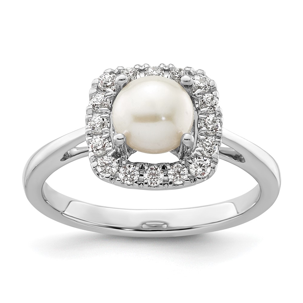14K White Gold 0.25 Carat Lab Grown Diamond VS SI+ G+ June Birthstone Freshwater Cultered Pearl Halo Ring
