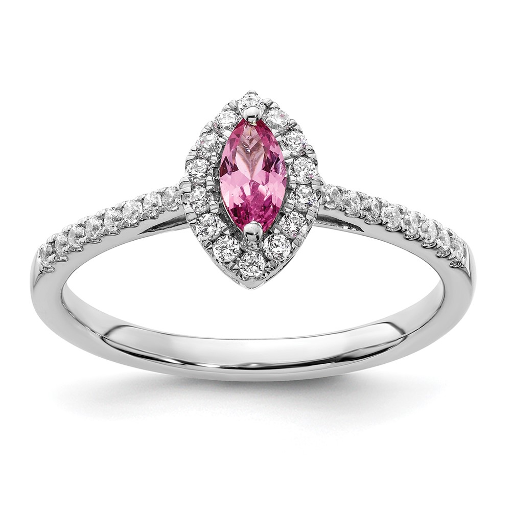 14K White Gold 0.20 Carat Lab Grown Diamond VS SI+ G+ and Lab Created Pink Sapphire October Birthstone Ring
