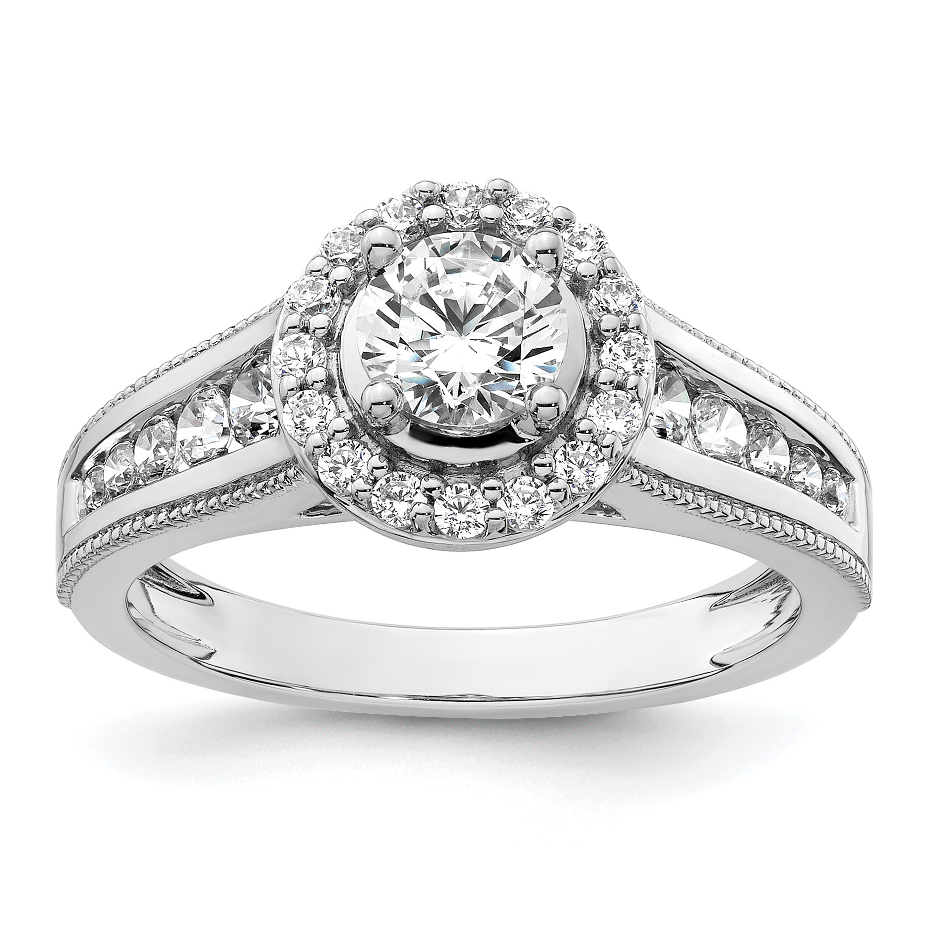 14k White Gold 1 carat Lab Grown Diamond VS/SI+ G+ Round Complete Halo Engagement Ring (RM9437E-050-CWLG)