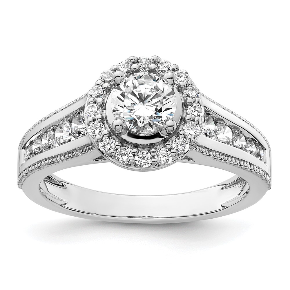 14k White Gold 1 carat Lab Grown Diamond VS/SI+ G+ Round Complete Halo Engagement Ring (RM9437E-050-CWLG)
