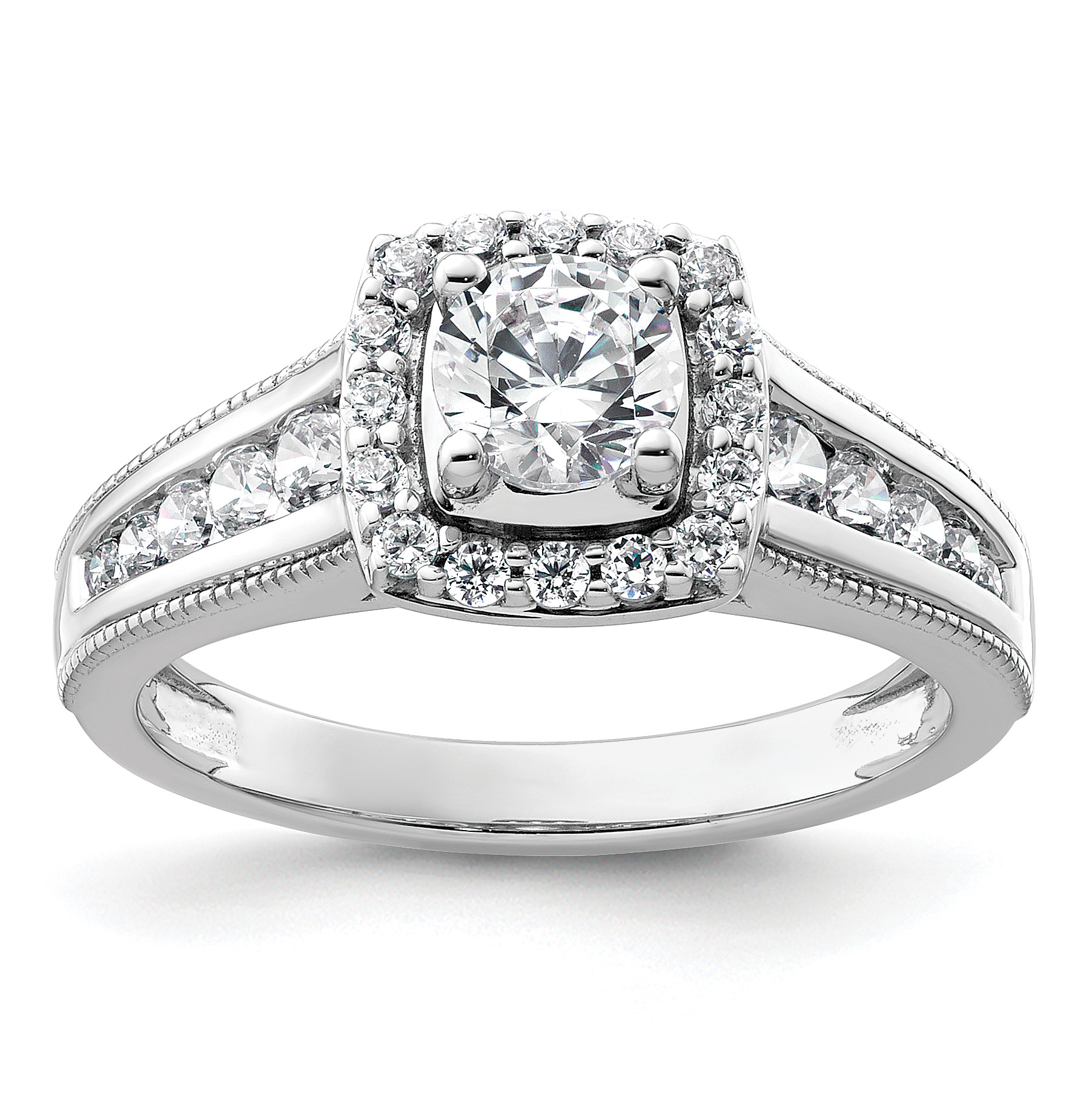 14k White Gold 1 carat Lab Grown Diamond VS/SI+ G+ Round Complete Halo Engagement Ring (RM9438E-050-CWLG)