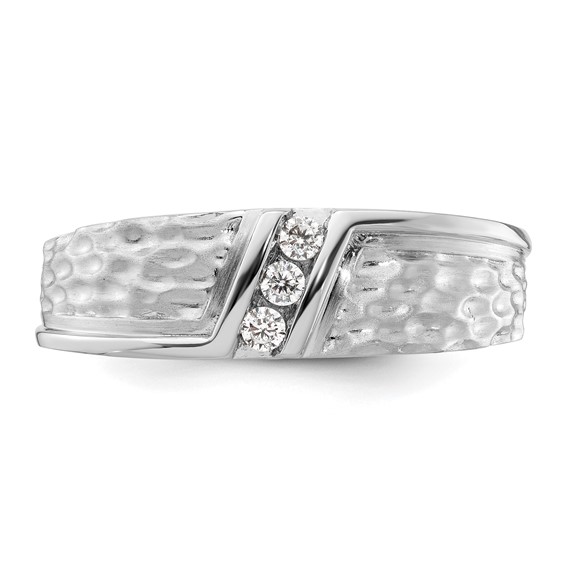 14k White Gold Polish & Satin Hammered Diamond Mens Wedding Band