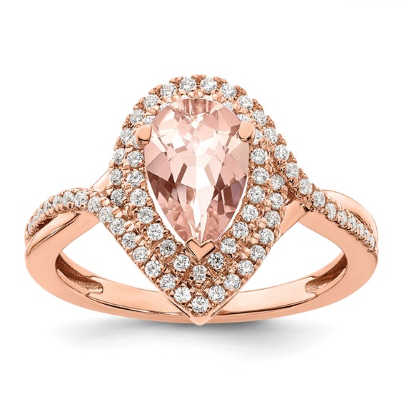 14k Rose Gold Blooming Bridal Morganite Pear Complete Engagement Ring