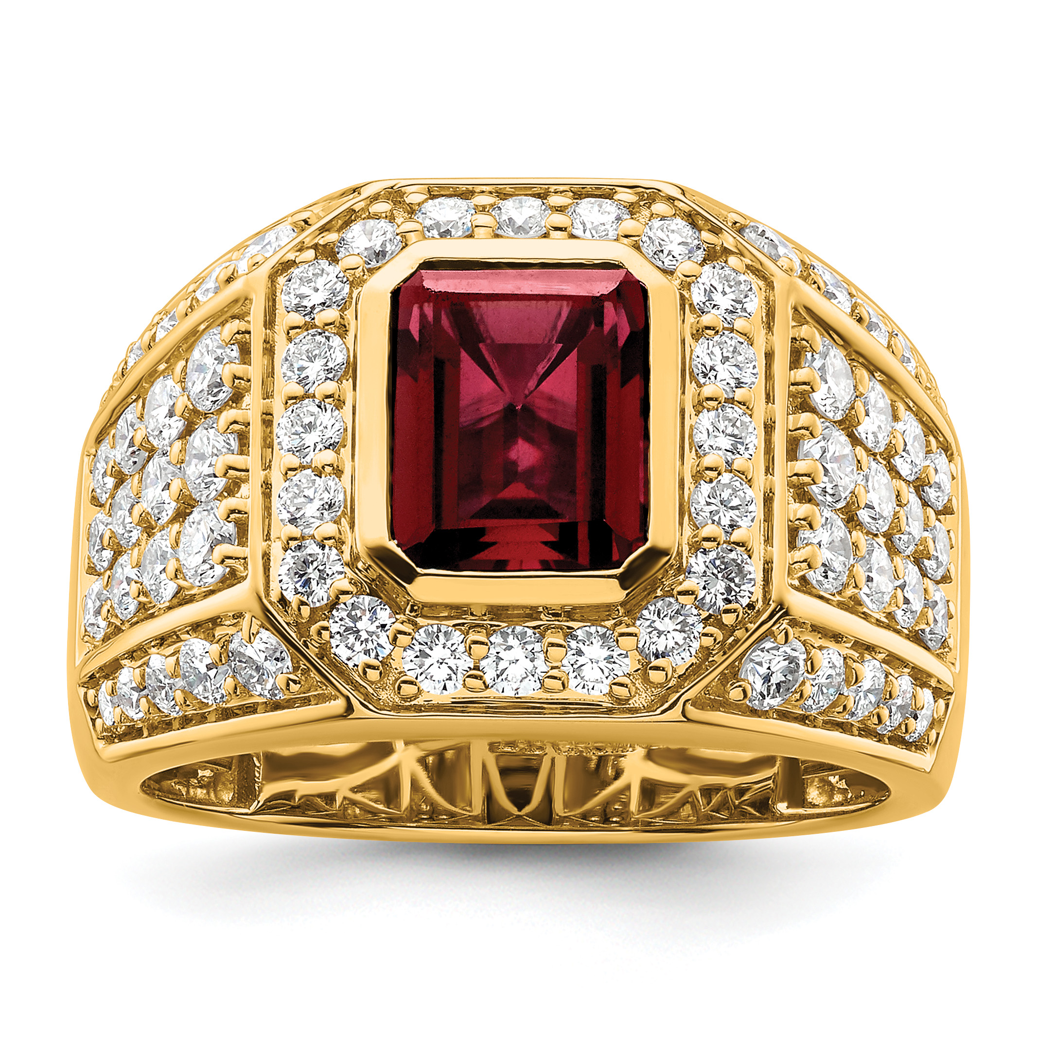 IBGoodman 10k 1 7/8 carat Lab Grown Diamond VS/SI+ G+ and Lab Created Ruby Men's Ring (RM9833-CRU-190-0YLG)