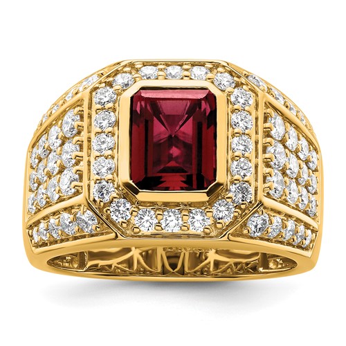 IBGoodman 10K Yellow Gold 1.88 Carat Lab Grown Diamond VS SI+ G+ and Lab Created Ruby Men's Ring