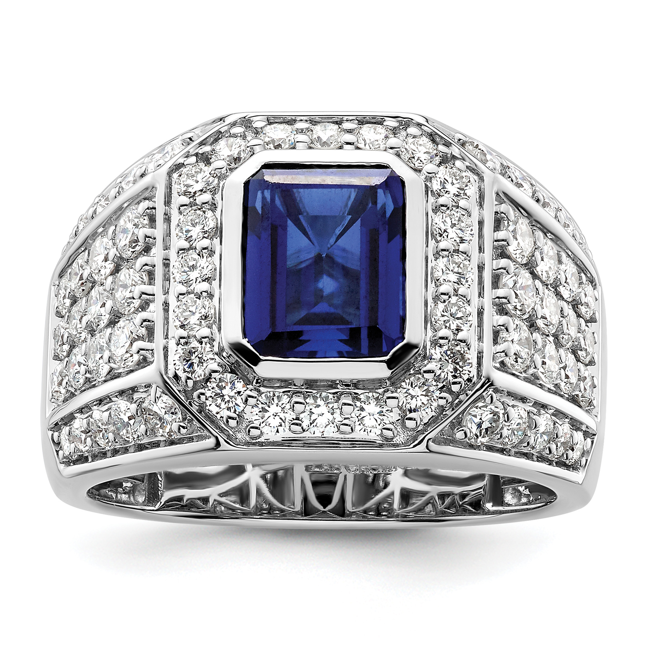 IBGoodman 10k White Gold 1 7/8 carat Lab Grown Diamond VS/SI+ G+ and Lab Created Blue Sapphire Men's Ring (RM9833-CSA-190-0WLG)