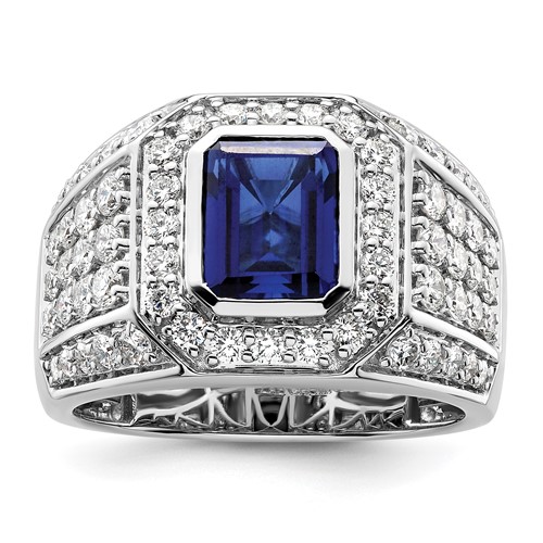 IBGoodman 10K White Gold 1.88 Carat Lab Grown Diamond VS SI+ G+ and Lab Created Blue Sapphire Men's Ring