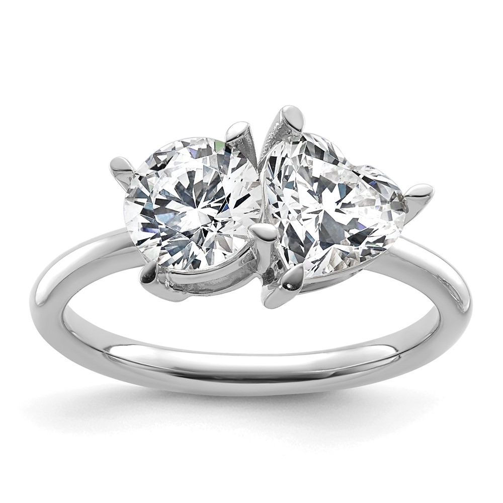 14K White Gold 2.12 Carat Lab Grown Diamond VS+ F+ Round and Heart Complete Asymmetrical Two Stone Engagement Ring