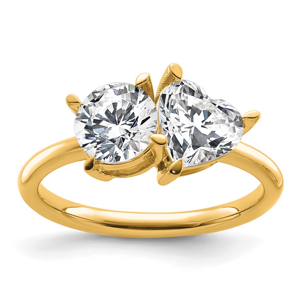 14K Yellow Gold 2.12 Carat Lab Grown Diamond VS+ F+ Round and Heart Complete Asymmetrical Two Stone Engagement Ring