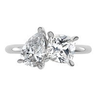 14K White Gold 2 Carat Lab Grown Diamond VS+ F+ Cushion and Pear Complete Asymmetrical Two Stone Engagement Ring view 4