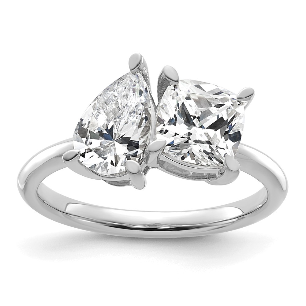 14K White Gold 2 Carat Lab Grown Diamond VS+ F+ Cushion and Pear Complete Asymmetrical Two Stone Engagement Ring