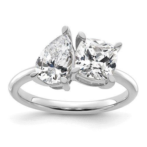 14K White Gold 2 Carat Lab Grown Diamond VS+ F+ Cushion and Pear Complete Asymmetrical Two Stone Engagement Ring