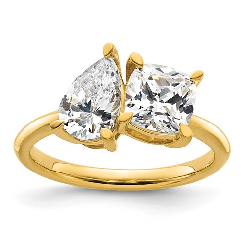 14K Yellow Gold Two Stone 1 Carat Pear and 1 Carat Cushion Ring Mounting