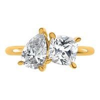 14K Yellow Gold 2 Carat Lab Grown Diamond VS+ F+ Cushion and Pear Complete Asymmetrical Two Stone Engagement Ring view 4