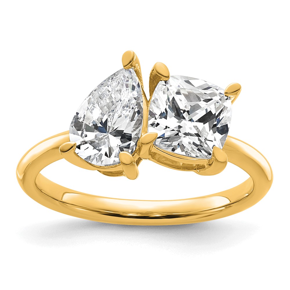 14K Yellow Gold 2 Carat Lab Grown Diamond VS+ F+ Cushion and Pear Complete Asymmetrical Two Stone Engagement Ring