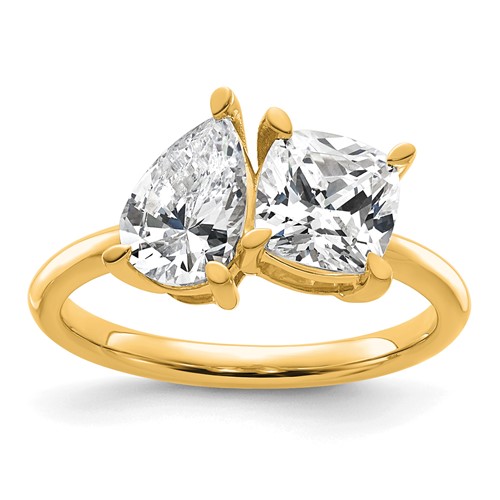 14K Yellow Gold 2 Carat Lab Grown Diamond VS+ F+ Cushion and Pear Complete Asymmetrical Two Stone Engagement Ring