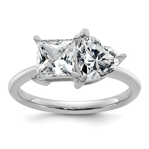 14K White Gold 2.12 Carat Lab Grown Diamond VS+ F+ Princess and Heart Complete Asymmetrical Two Stone Engagement Ring
