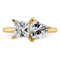 14K Yellow Gold 2.12 Carat Lab Grown Diamond VS+ F+ Princess and Heart Complete Asymmetrical Two Stone Engagement Ring view 4