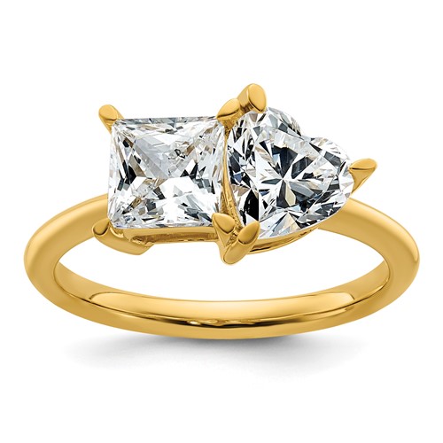 14K Yellow Gold 2.12 Carat Lab Grown Diamond VS+ F+ Princess and Heart Complete Asymmetrical Two Stone Engagement Ring