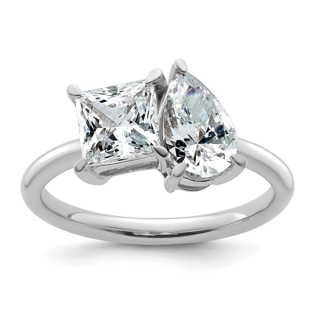 14K White Gold 2 Carat Lab Grown Diamond VS+ F+ Princess and Pear Complete Asymmetrical Two Stone Engagement Ring