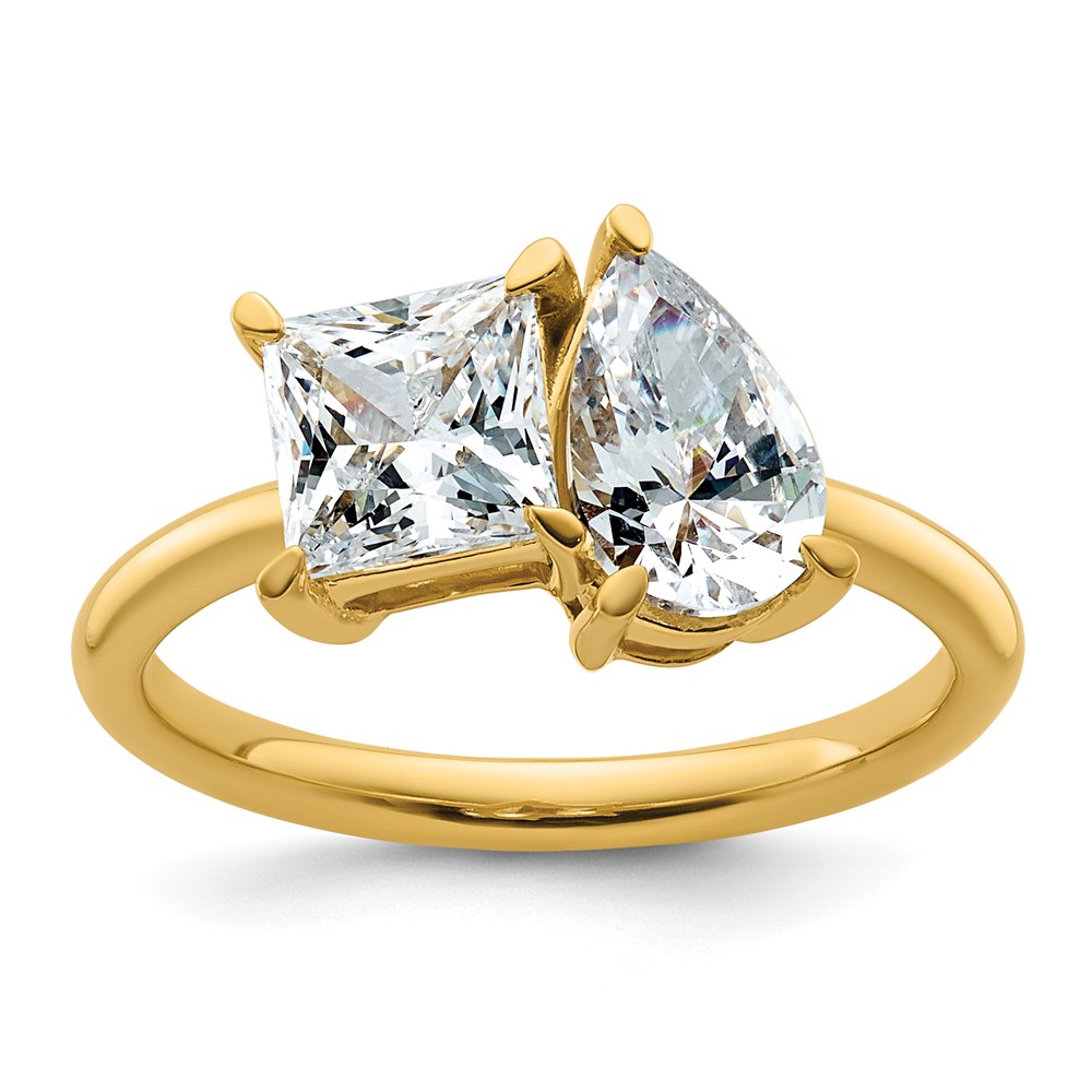 14K Yellow Gold 2 Carat Lab Grown Diamond VS+ F+ Princess and Pear Complete Asymmetrical Two Stone Engagement Ring