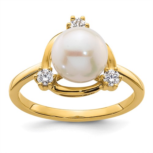 14K Yellow Gold 0.20 Carat Lab Grown Diamond VS SI+ G+ and 8.00 Mm Round Freshwater Cultured Pearl Ring