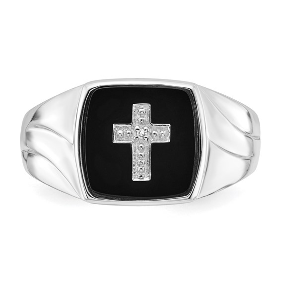 Sterling Silver Polished Onyx & Diamond Cross Men's Ring