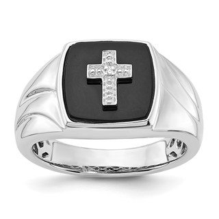 Sterling Silver Polished Onyx & Diamond Cross Men's Ring