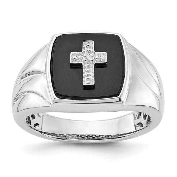 Sterling Silver Polished Onyx & Diamond Cross Men's Ring